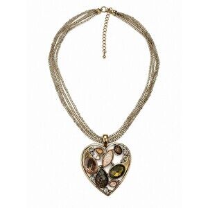 Heart Statement Necklace Multi Strand Seed Beads Rhinestone Pendant Gold Tone